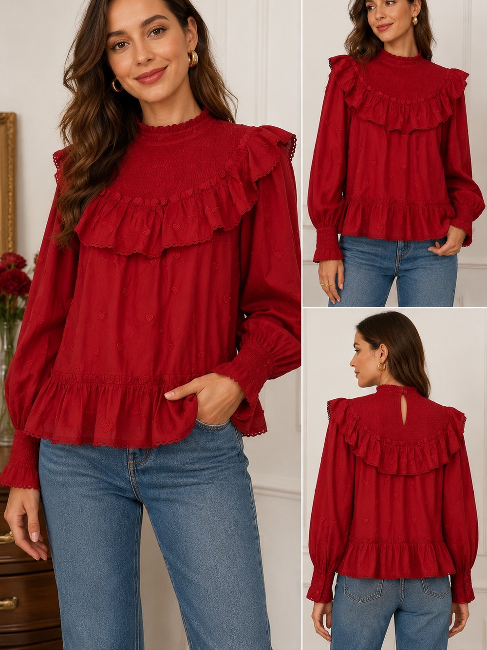 FARM Rio Red Ruffled Heart-Embroidered Blouse